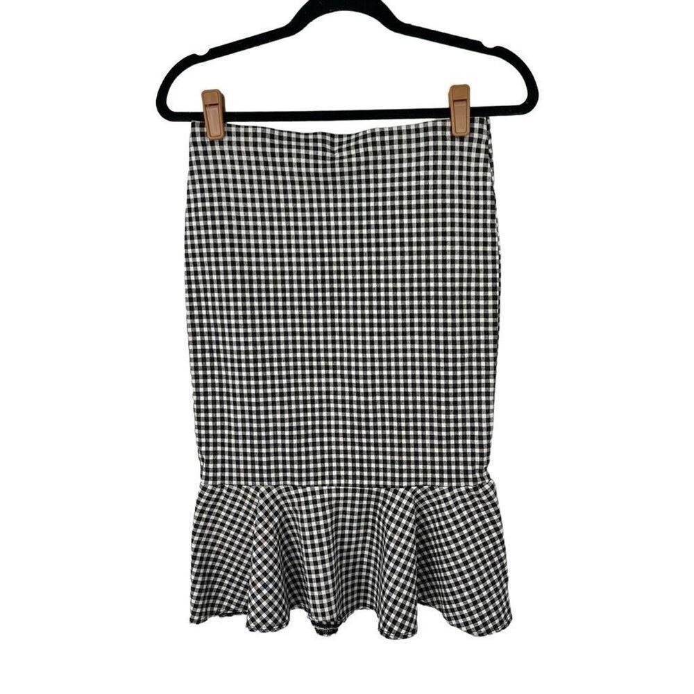 Alex‎ & Olivia Black White Gingham Peplum Hem Skirt Sz M
